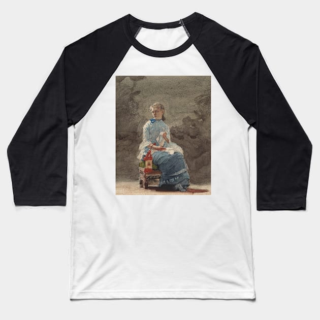 Young Woman Sewing by Winslow Homer Baseball T-Shirt by Classic Art Stall